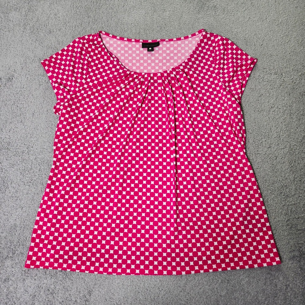 Worthington Womens 1X Blouse Pink White Geometric Dot Pleated Scoop Neck Top